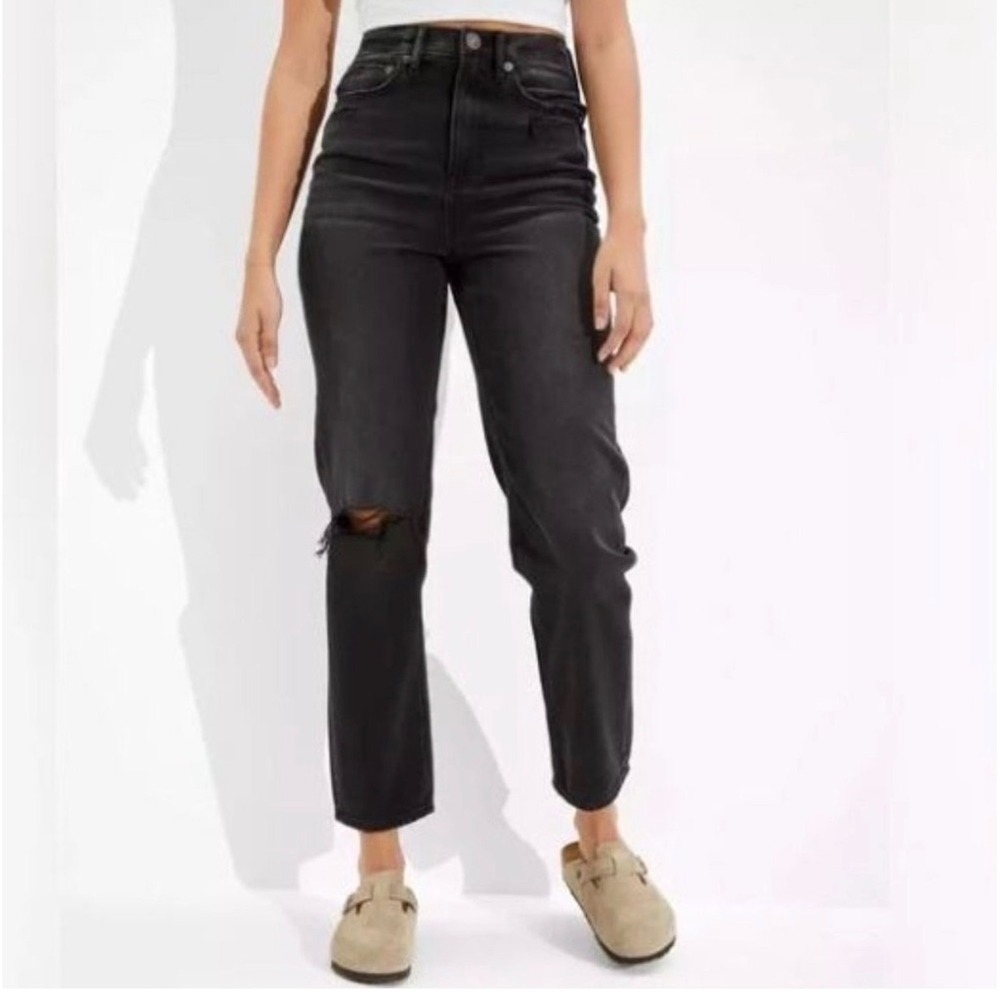 American Eagle 90s Boyfriend Jeans Womens 8 Black Highest Rise Distressed Grunge